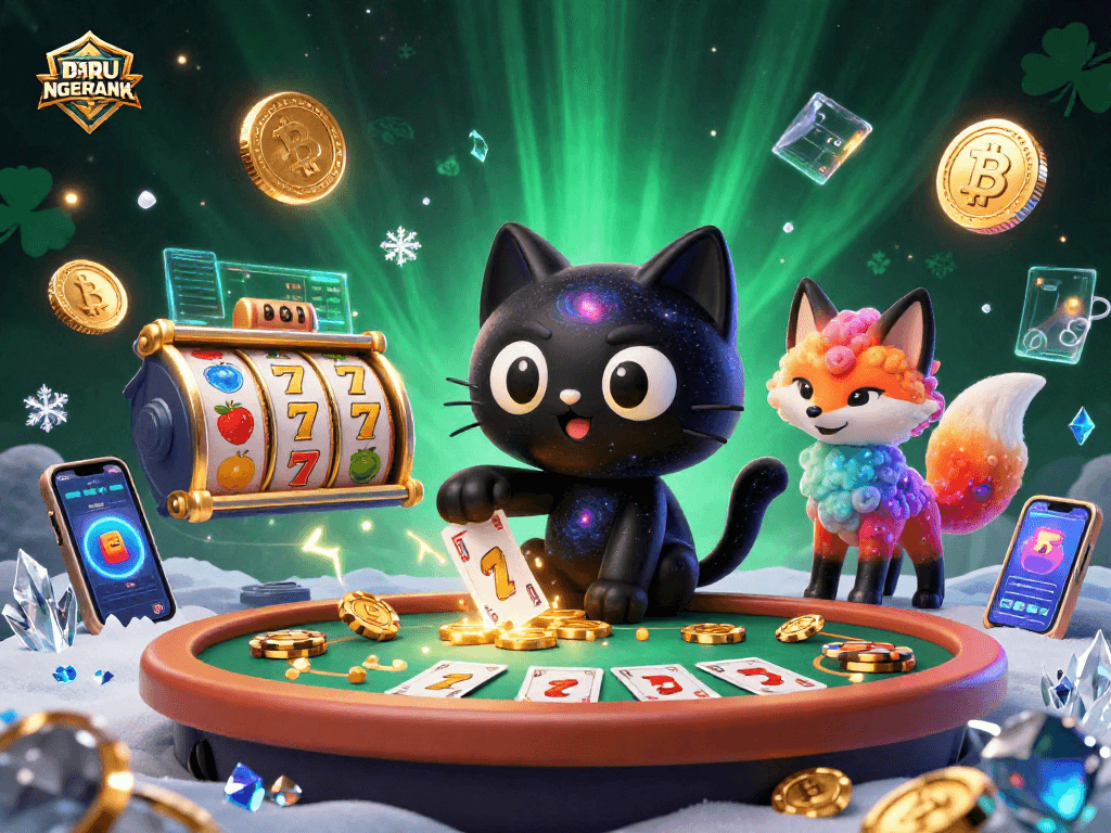 Engage with BARU NGERANK in a dynamic cosmic casino scene featuring a gravity-defying black hole cat and colorful gas nebulas.