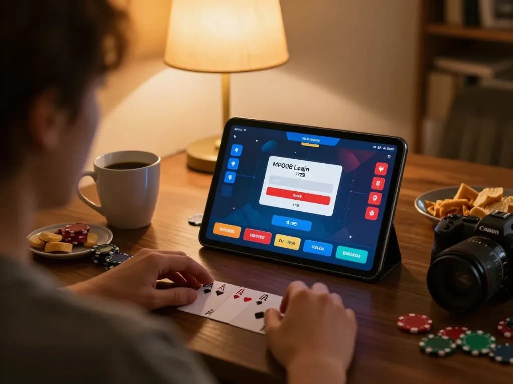 Engaged player using MPO08 Login 778 on tablet for an interactive poker game, cozy home setting.