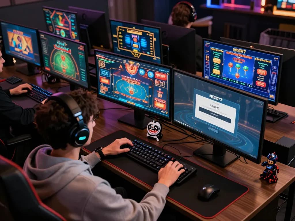Engaged gamer uses NEGO77 login interface to play casino games on multiple screens.