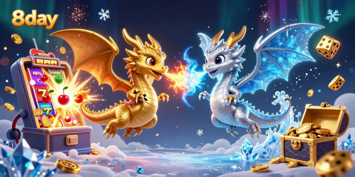 Experience exciting gameplay on 8day with dragons, slot machines, and colorful casino elements.