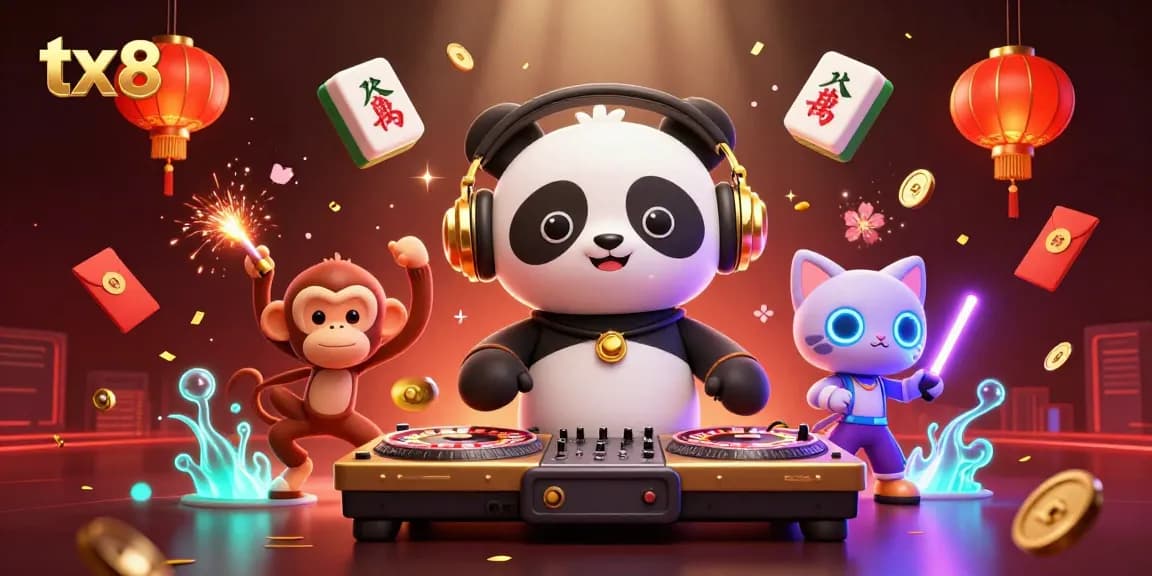 Experience high-energy gaming with tx 88 as DJ Panda, Monkey, and Kitten groove in a vibrant casino scene.