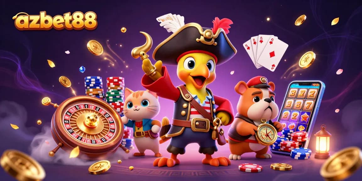Spin and win at azbet88 with a lively 3D gaming scene of a pirate captain commanding riches and excitement.
