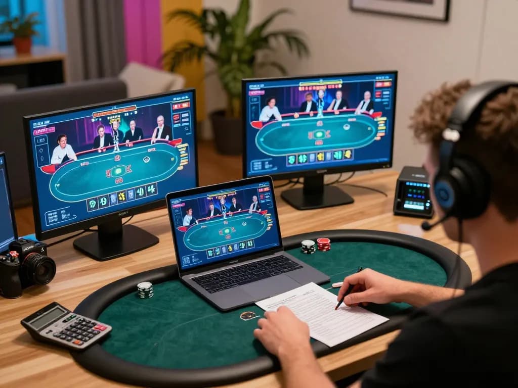 Engaged player strategizing with Thương hiệu Bet88 on multiple devices during an online poker session