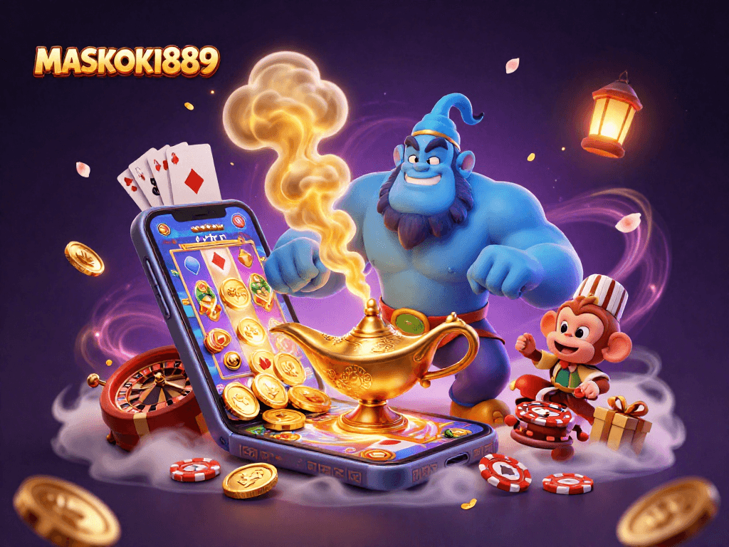 Engage in thrilling gameplay with MASKOKI889's vibrant casino scene of a genie, monkey, and poker elements.