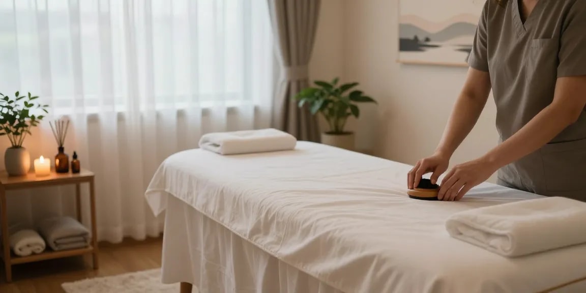 Relaxing massage therapy room ideal for 영등포출장마사지, featuring calming decor, soft lighting, and aromatic elements.