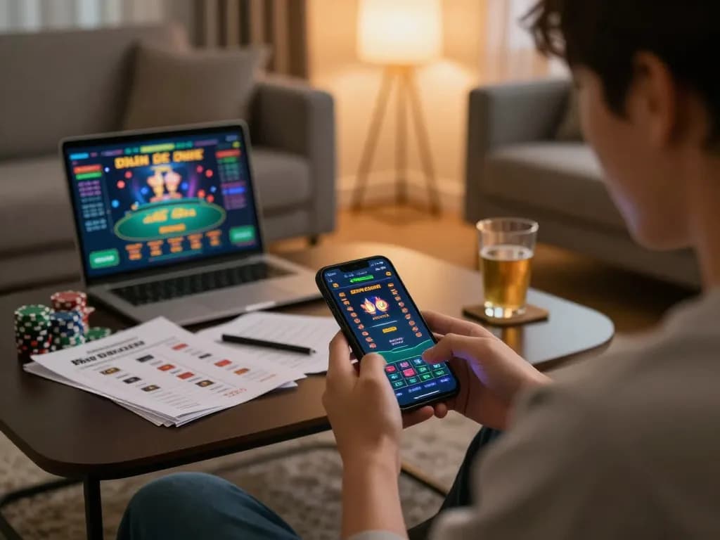 Engaged in đánh đề online gaming while strategizing with notes in a cozy home setting.