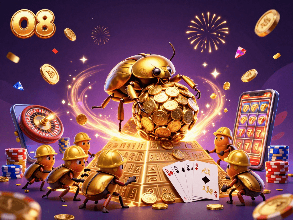 Join the excitement at O8, where a golden beetle rolls riches surrounded by casino elements and jubilant celebrations.