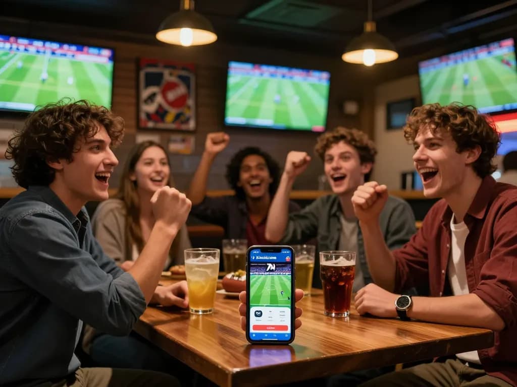 Exciting sports betting moment with friends using 7m app during football game.