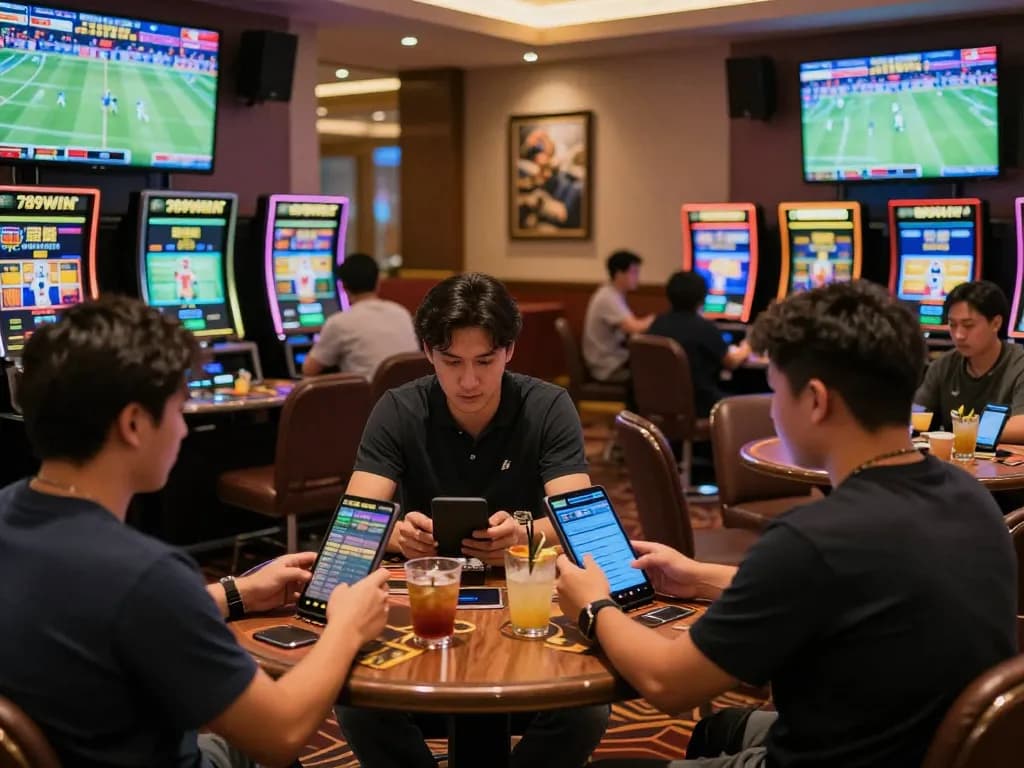 Betting on 789WIN at a lively sports lounge with players focused on their bets.