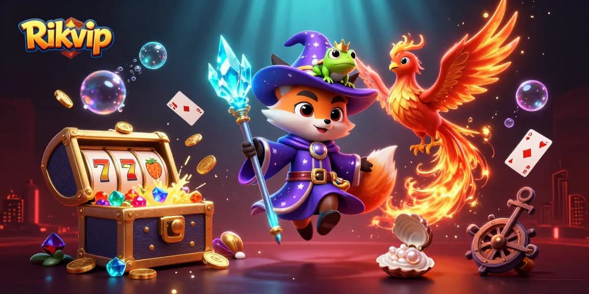 Engage with Rikvip's thrilling slot games in a vibrant and magical casino scene.