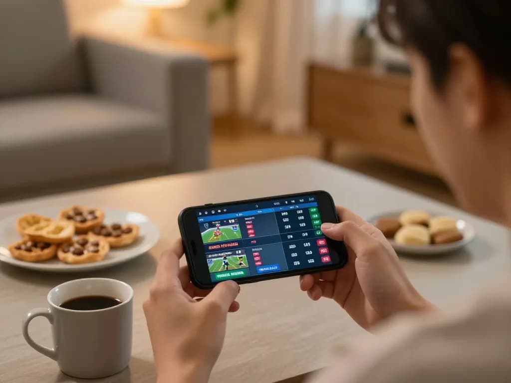 Engaging in sports betting at home with sun win interface on smartphone in relaxed setting