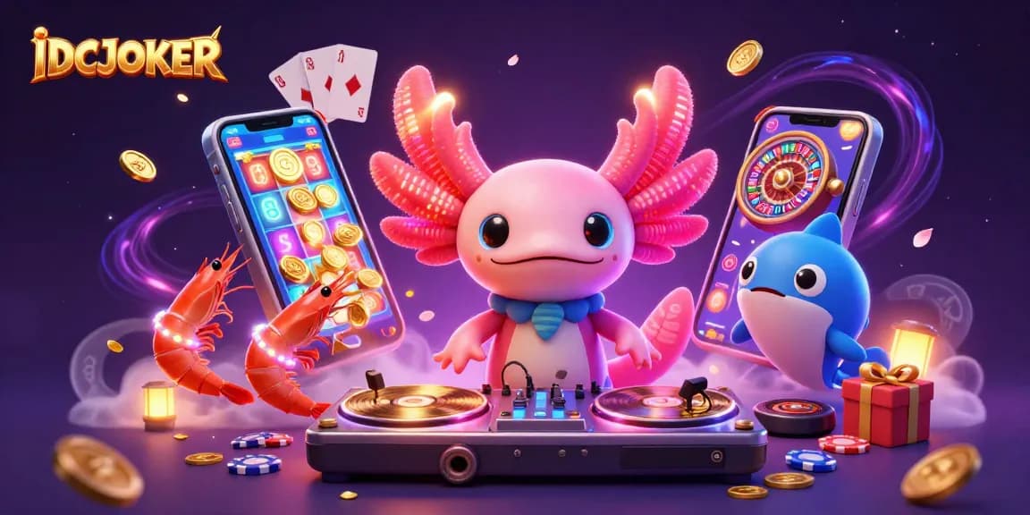 Engage with IDCJOKER's vibrant slot gameplay featuring an axolotl DJ and animated shrimp dancers.