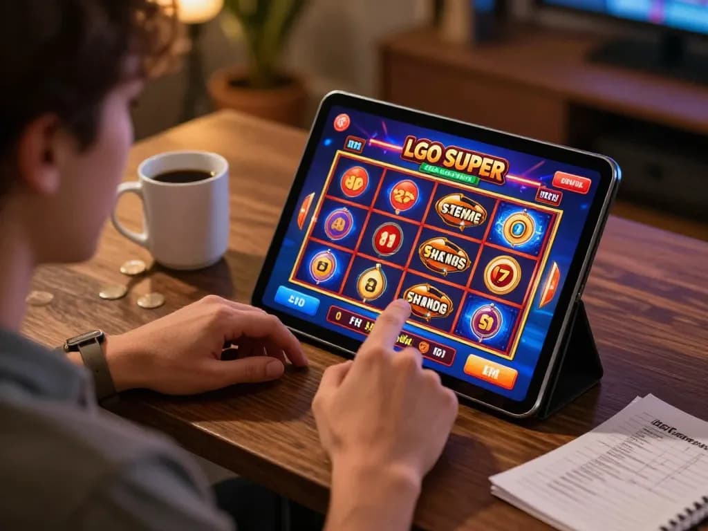 Engaging session on LGO SUPER gaming platform with vibrant slots displayed on tablet
