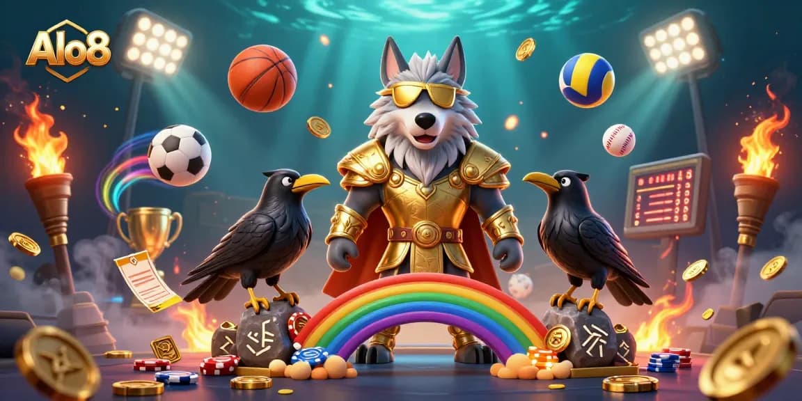 Alo8 showcases a vibrant casino scene with Norse mythological elements and dynamic sports action.