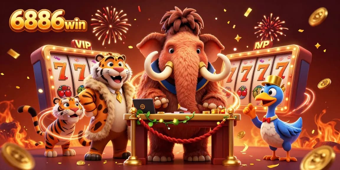 Experience thrilling gameplay at 6886win with a vibrant casino scene featuring unique characters and slot elements.