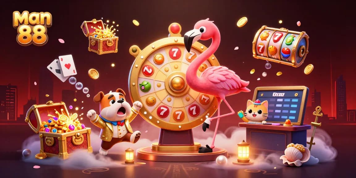 Spin to win at man 88 casino with a vibrant game show scene featuring excitement and treasures.
