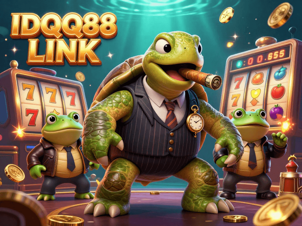 Engage with IDQQ88 LINK as a cartoon snapping turtle in a suit symbolizes thrilling slot games.