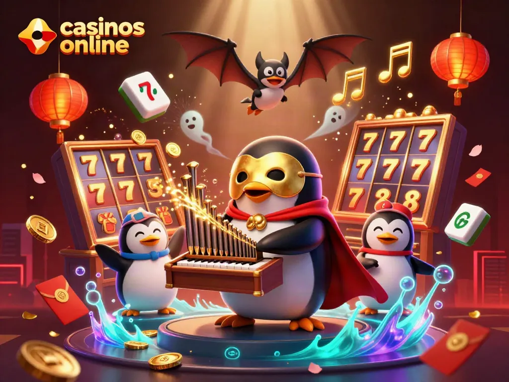 Juega en casinos online mientras disfrutas de un espectáculo vibrante con un pingüino y símbolos de juego.