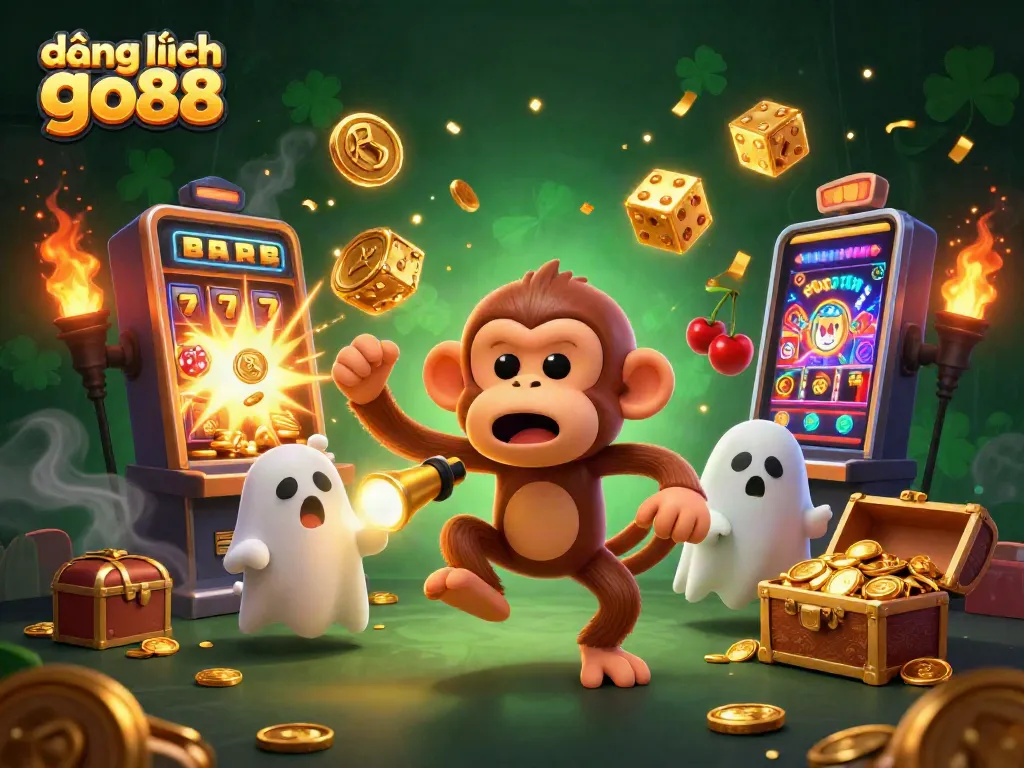Experience the excitement of đăng nhập go88 with a vibrant illustration of a mischievous monkey juggling golden casino items.