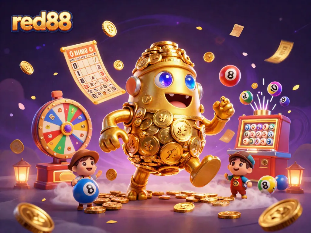 Engage with thrilling games at red88 featuring a golden golem and vibrant lottery elements.
