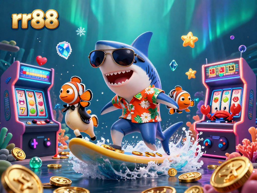 Experience thrilling casino adventures at rr88 with a shark, clownfish, and DJ crab in an exciting scene.