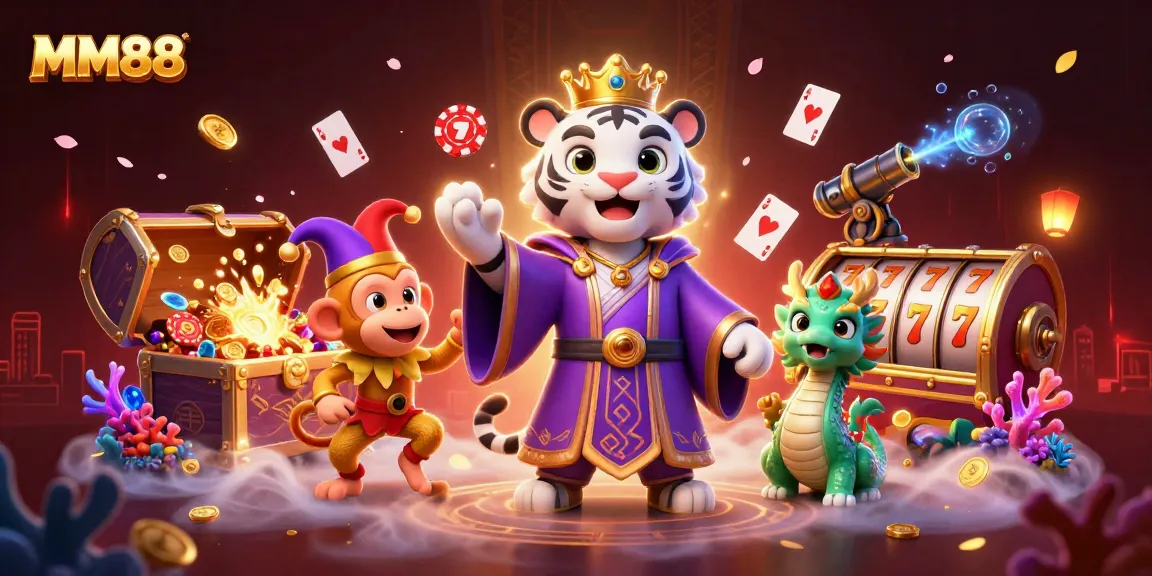 Immerse in the MM88 casino experience with a majestic white tiger and playful monkey amid a vibrant gaming scene.