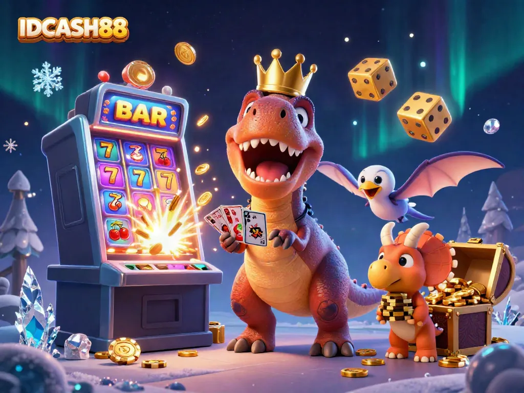 Experience the thrilling world of IDCASH88 with a fun and vibrant T-Rex and friends relaxing in a lively casino scene.
