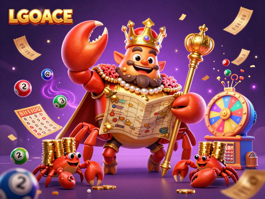LGOACE offers dynamic gaming excitement with a golden crab emperor and lottery elements illuminating the scene.