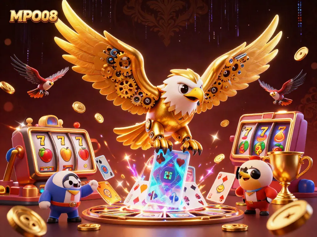 MPO08 delivers an electrifying gaming experience with dynamic 3D golden eagle diving through slot reels and holographic cards.