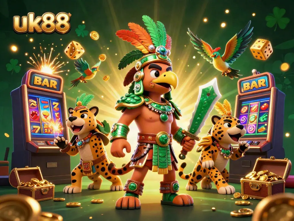 Engage with uk88's vibrant 3D casino scene featuring an Aztec warrior and jackpot of treasures.