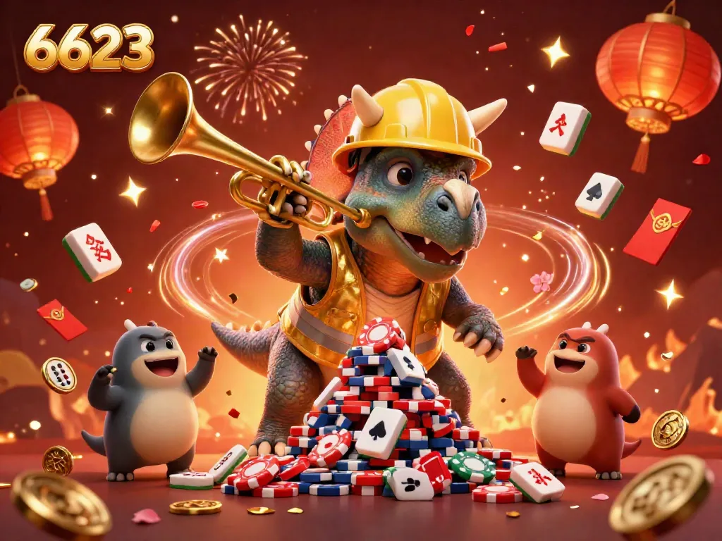 Engaging 3D illustration of 6623 featuring triceratops building poker chips, celebrating with festive casino elements.