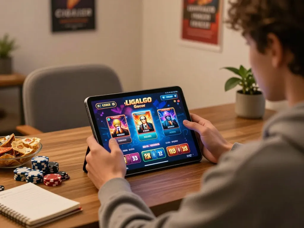 LIGALGO Gacor platform showcased on tablet during engaging home gaming session, emphasizing responsible entertainment.