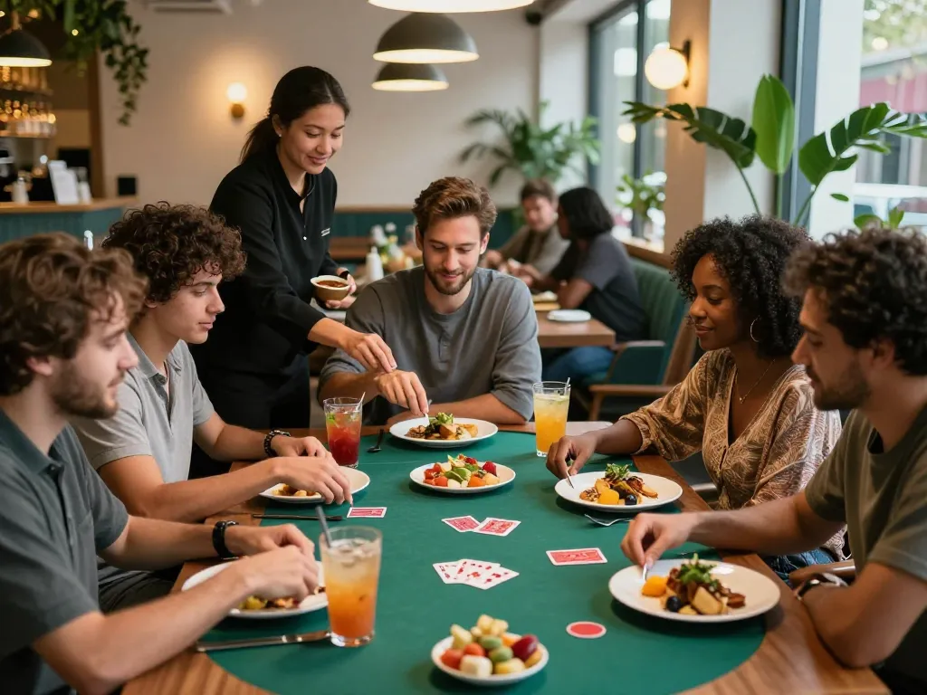 Exciting dining scene at Pokerseri with friends enjoying poker and gourmet food.