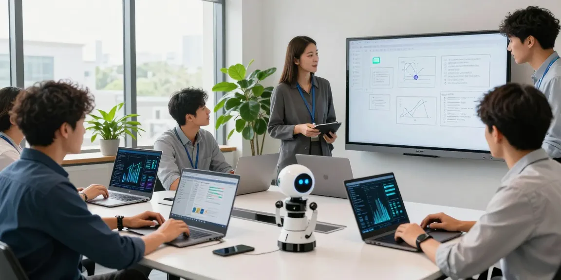 Team collaborating in modern IT support environment, showcasing it support for businesses with dynamic technology displays.