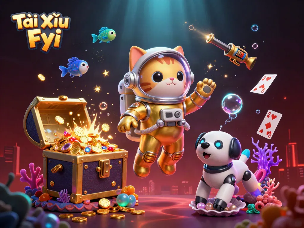Experience the dynamic world of Tài Xỉu Fyi with a vibrant casino-themed illustration, rich with gaming elements.