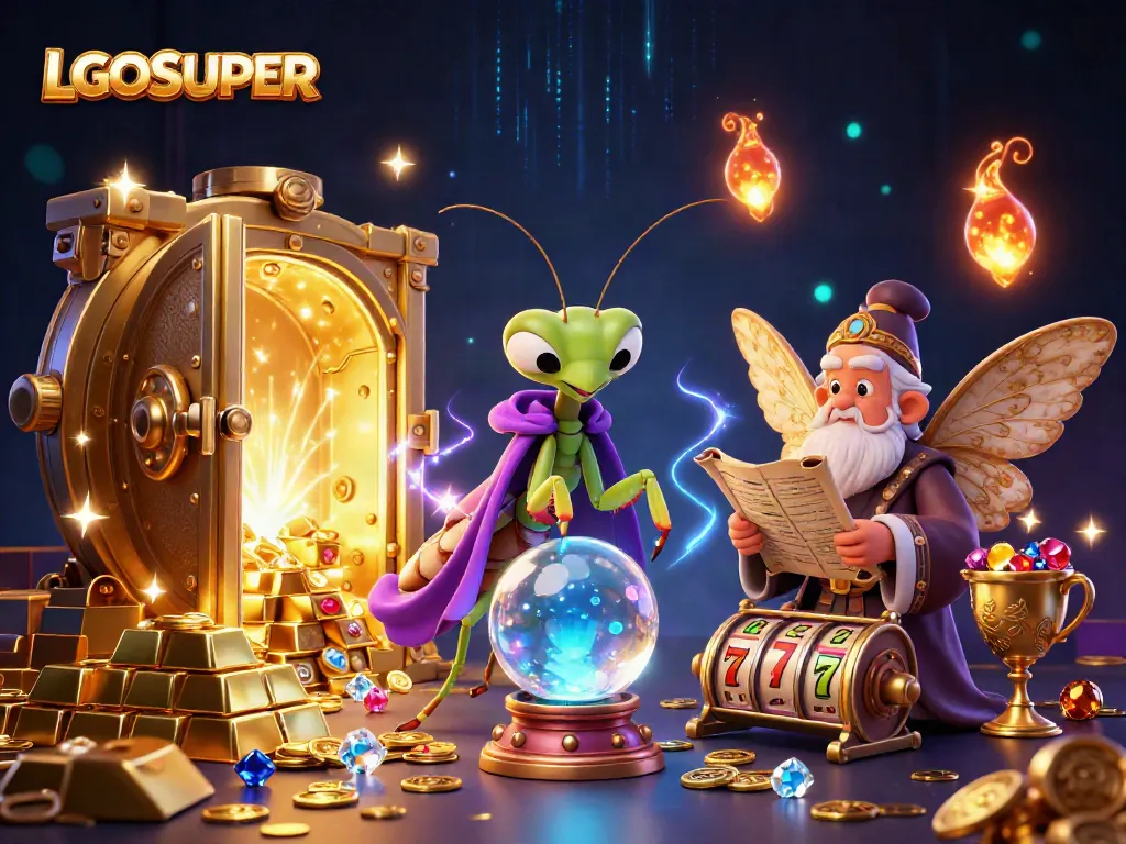 Experience the excitement of LGOSUPER casino with vibrant, detailed 3D art of fortune tellers and gold treasures.