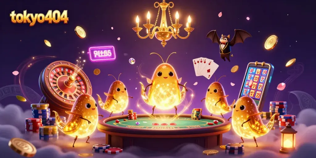 Experience thrilling wins at tokyo404 with vibrant 3D casino illustration depicting glowworms and a bat dealer