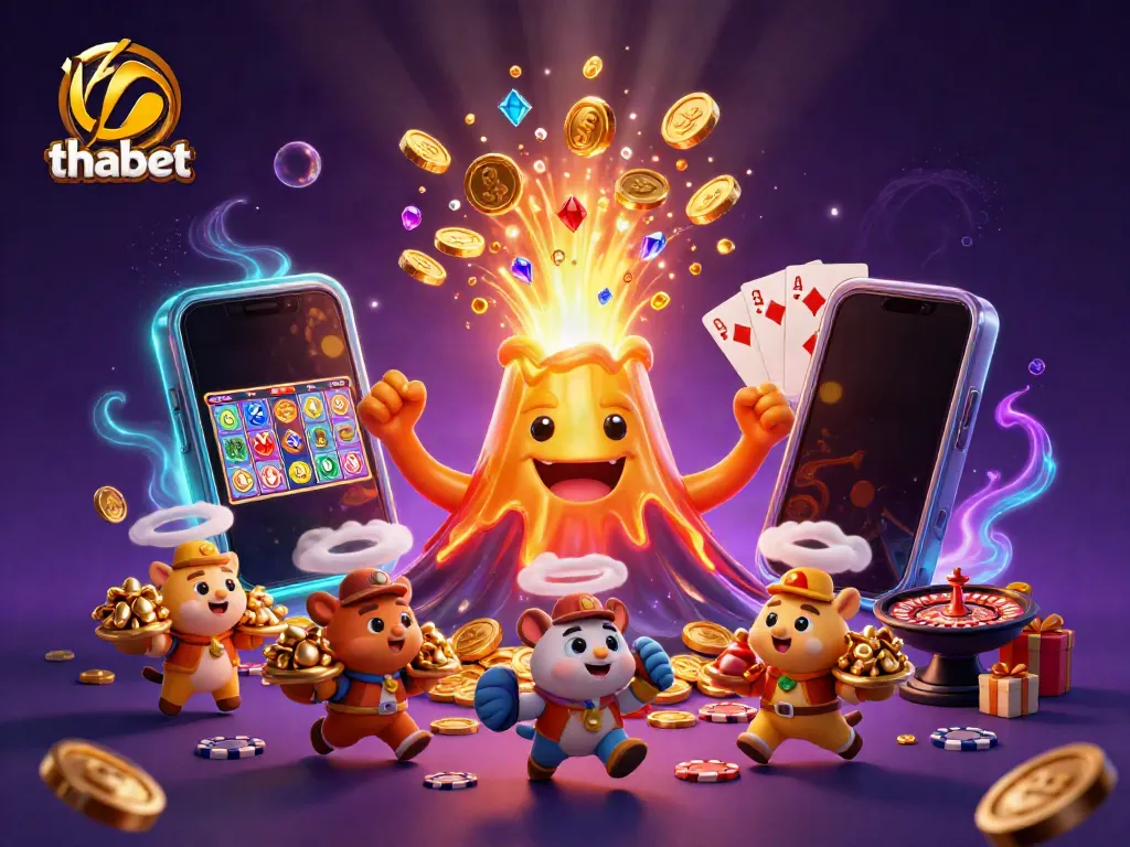 Experience thrilling online gambling adventures with Thabet, a lively 3D scene filled with treasures!