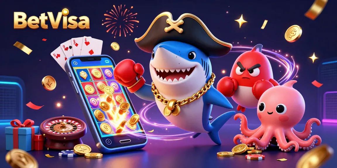 BetVisa engages players with an exciting scene featuring a pirate shark, pufferfish, and octopus amid vibrant casino elements.