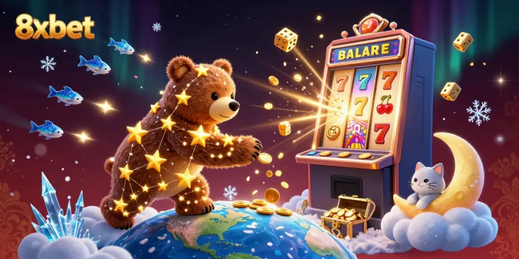 Engage with exciting 8xbet gaming, featuring a 3D constellation bear collecting coins amid a thrilling jackpot scene.