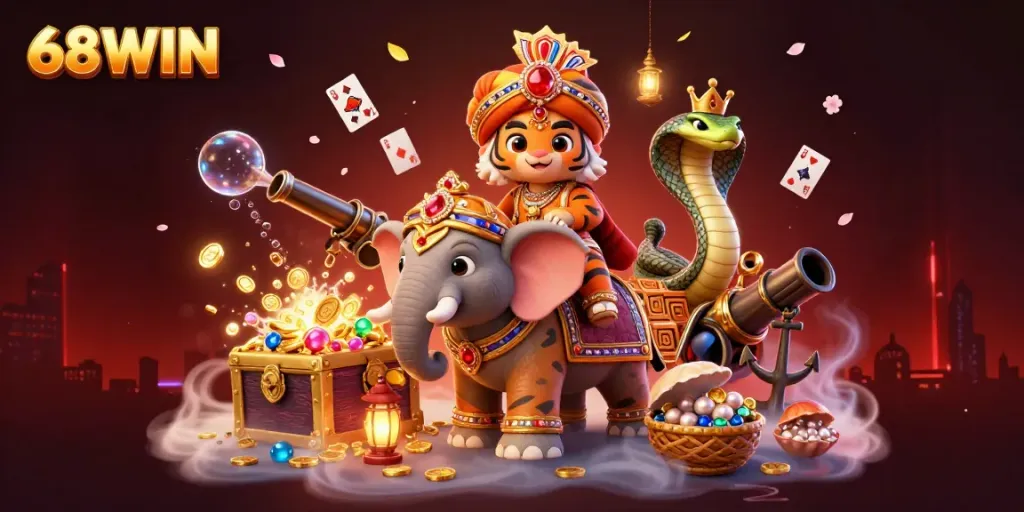 Experience thrilling adventures with 68WIN in this dynamic 3D casino illustration featuring vibrant characters and exciting elements.