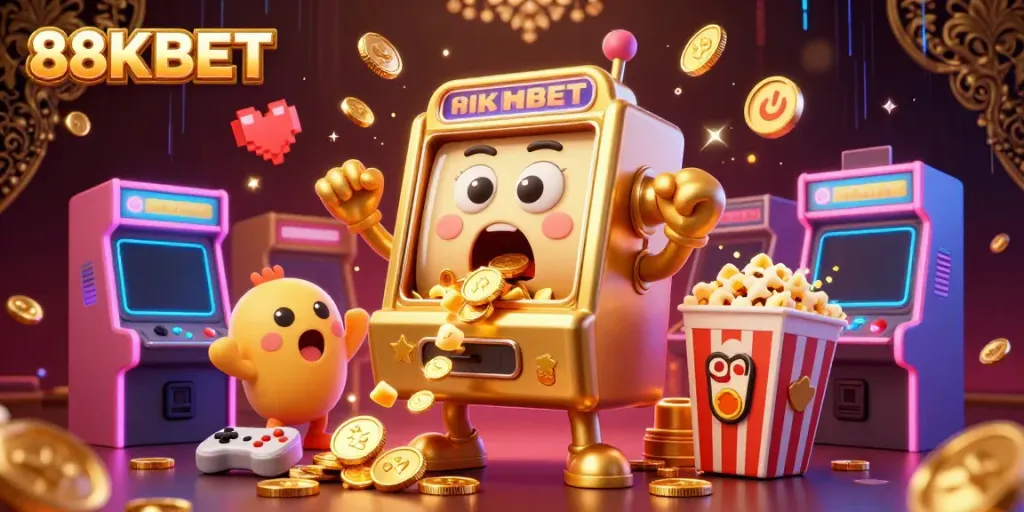 Experience the excitement of 88KBET with a slot machine hitting a jackpot and coins pouring out.