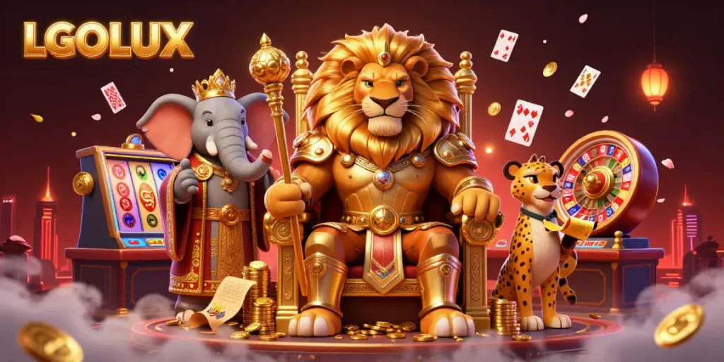 Experience the excitement of LGOLUX with vibrant casino characters, slot reels, and colorful gaming elements.