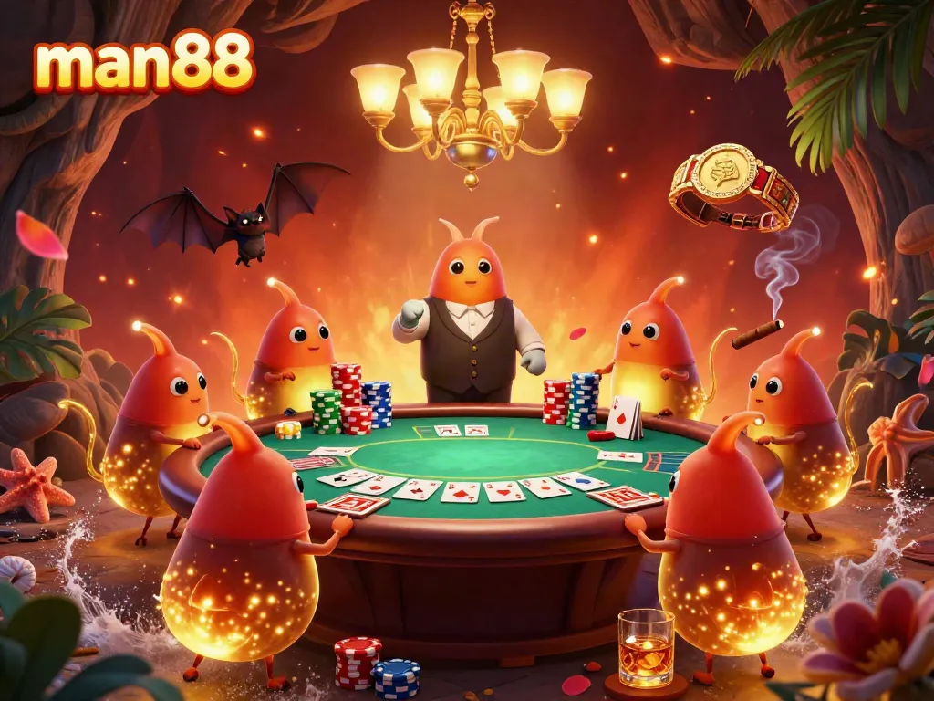 Experience the excitement of man88 as glowworms illuminate a vibrant casino scene with poker elements.
