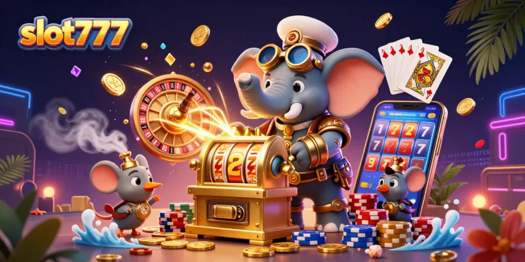 Slot777 menghadirkan keseruan bermain mesin slot emas dengan karakter steampunk yang unik dalam suasana kasino.