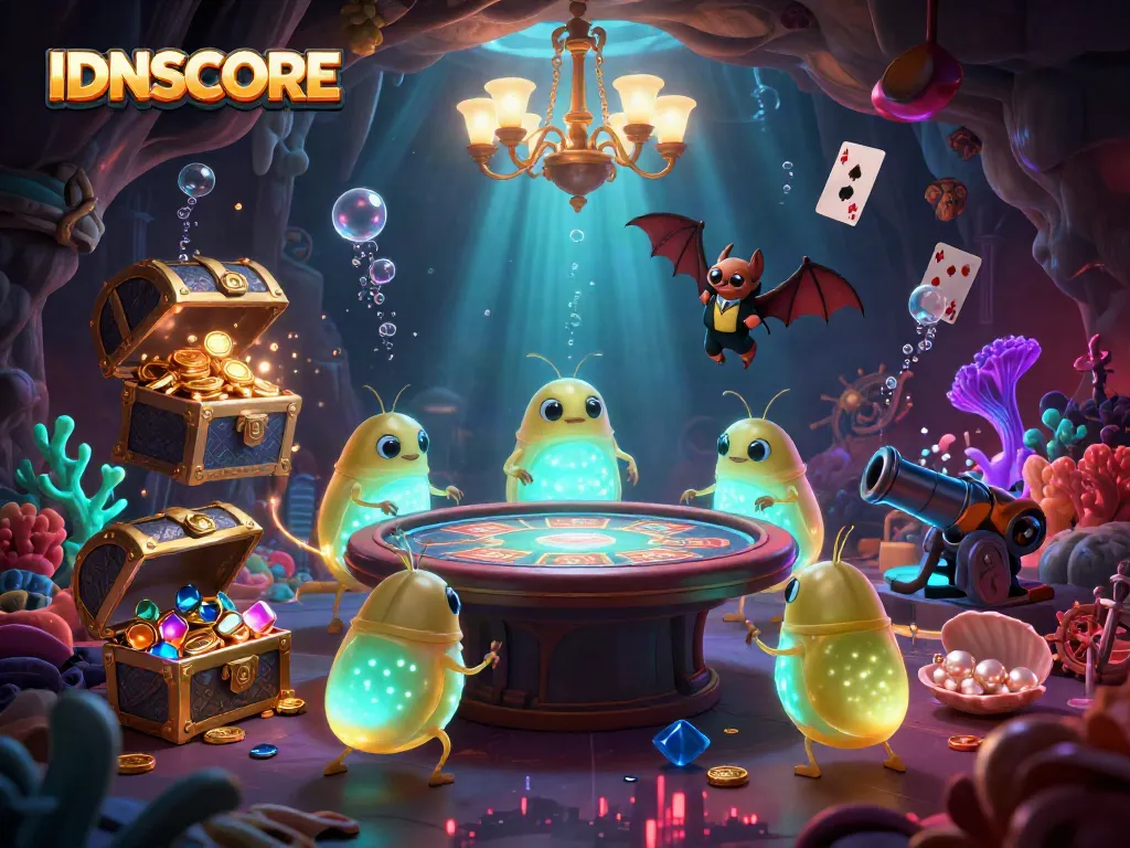 IDNSCORE glowworms illuminate a cave casino scene, showcasing vibrant gaming elements.