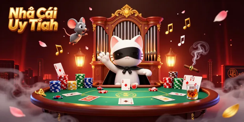 Experience thrilling gaming with Nhà Cái Uy Tín featuring a captivating phantom cat at a poker table surrounded by vibrant casino elements.