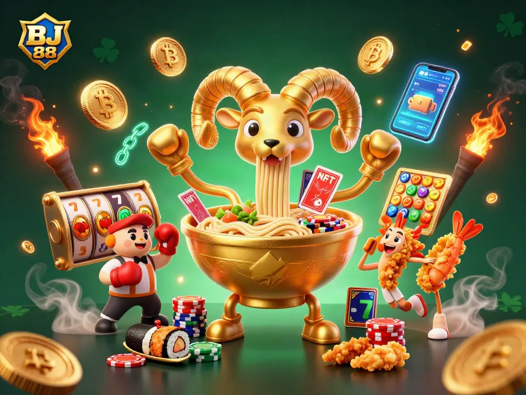 BJ 88 features dynamic casino icons with a colorful ramen bowl, highlighting exciting gaming action.