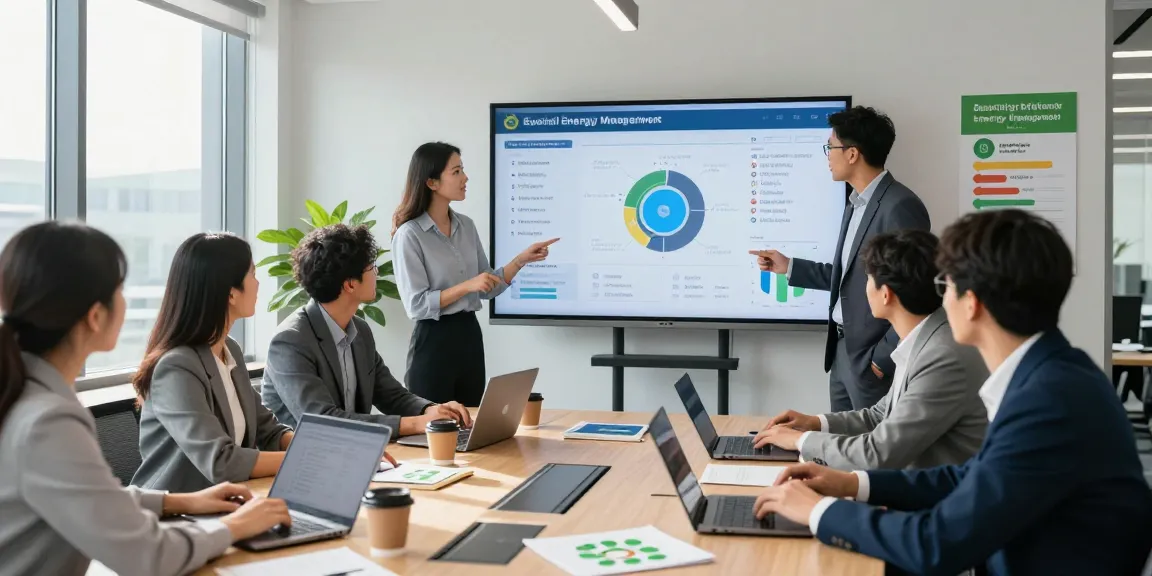 Team discussing the benefits of business electricity half hourly meter usage in a modern conference room.