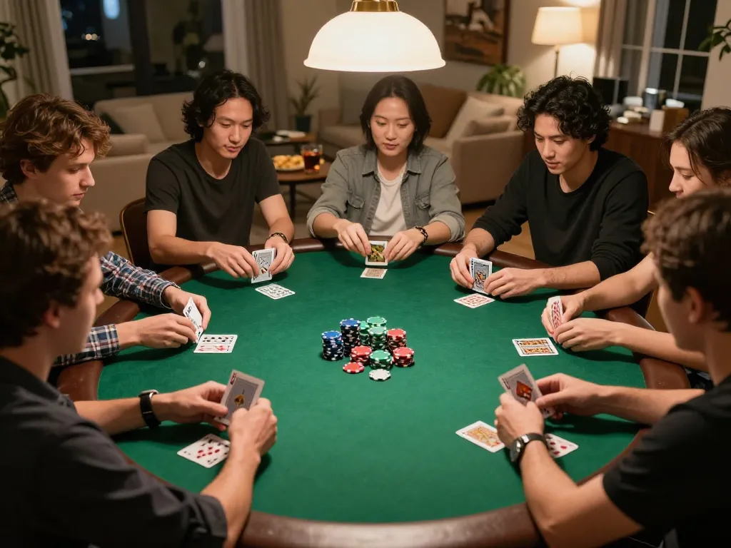 Players enjoying a strategic poker game at home showcasing hay88x experience with great camaraderie.